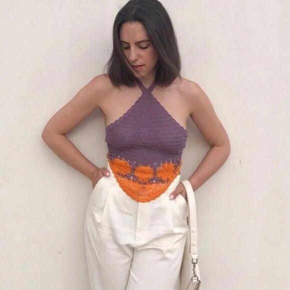 NWT ZARA Crochet Knit Halter Top Size Medium Purple Orange - Picture 3 of 7